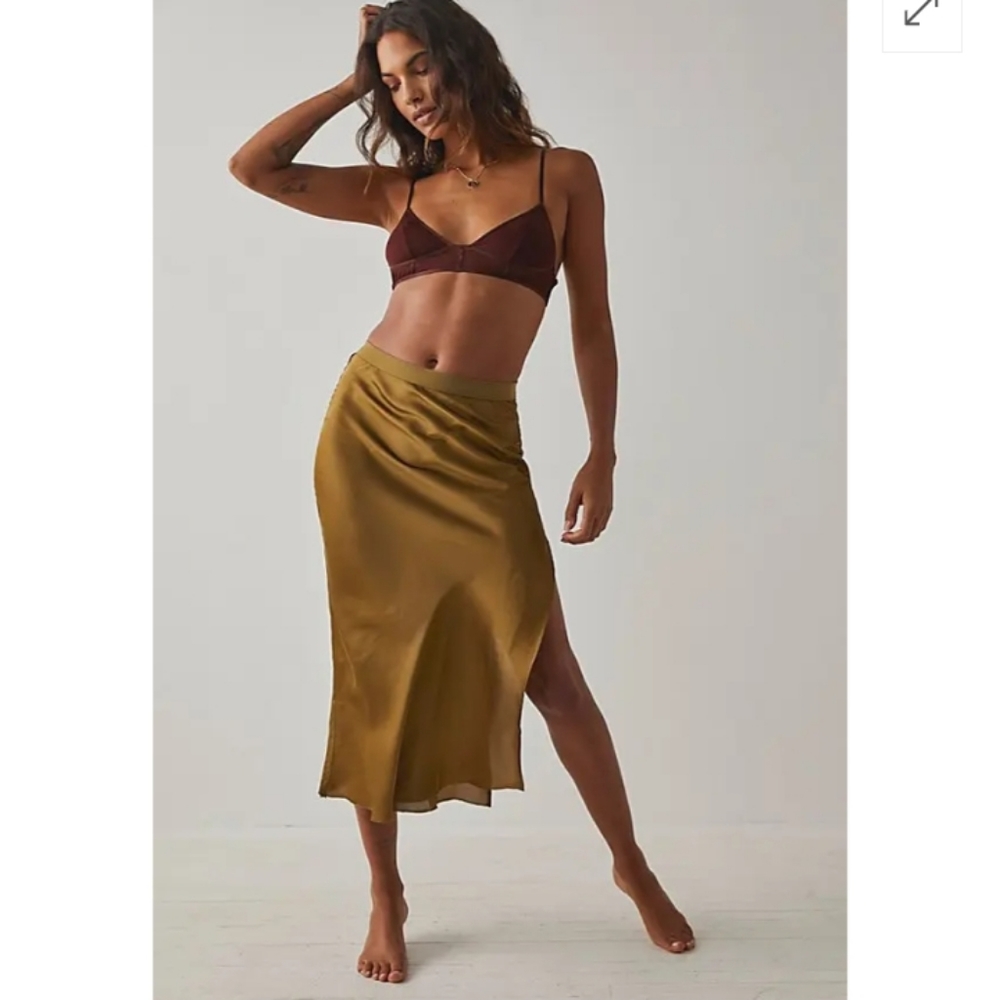 Free People Olive Satin Slip Skirt